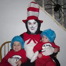 Cat In The Hat And Thing 1 And Thing 2 Halloween Costume Idea I Sewed Blue Fur To Blue Hats Store Bought Shirts A Cat Hat Halloween Kids 2 Halloween Costumes