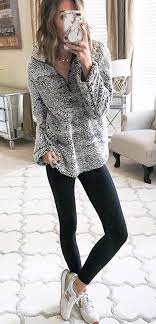 Winter Outfits Gray And Black Half Zip Jacket Black Leggings Pair Of White And Yellow New Balance Runni Perfect Winter Outfit Fashion Outfits With Leggings