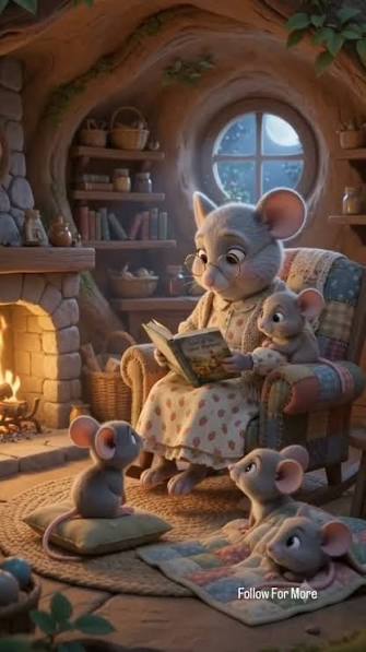 A Father's Lullaby: Father Mouse Cradles & Feeds Baby in Storybook Cottage ​Description: A tender 3D Pixar/storybook-style character animation set in a warm, rustic tree-hollow cottage where a devoted father mouse bottles