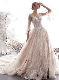 Champagne Ball Gown Tulle Appliques 3 4 Sleeve Wedding Dress With Long Train Wedding Dresses Whimsical Wedding Dress Trends Wedding Dresses