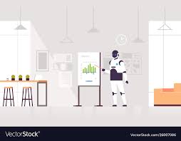 robot presenting financial graph on flip chart