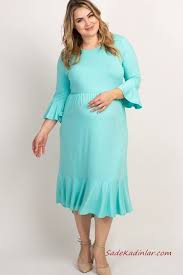 2019 Hamile Elbiseleri Su Yesili Midi Yetim Kollu Firfir Detayli Sade Elbise Giyim Buyuk Beden Kiyafetler