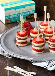 Gluten Free Mini Pancake Skewers Garnish With Lemon Recipe Buffet Food Wedding Food Buffet Menu Mini Pancakes