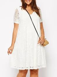 Loose Fitting Lace Plain Plus Size Shift Dress White Short Dress Casual Dresses Plus Size Fashion