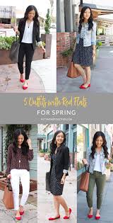 5 Outfits With Red Flats For Spring Casual And Business Casual Red Flats Outfit Business Casual Dresses Red Shoes Outfit