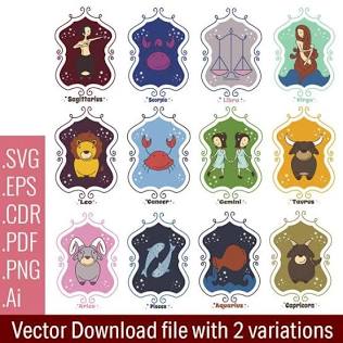 Zodiac signs depicted in cute artwork, AI generated