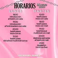 🖤⛓️HORARIOS MARZO 2024⛓️🖤. Mira todos los horarios que te tenemos pa'  marzo 🫶🏻. Acá te los dejamos igual en una lista: Lunes: 18:00  Introducción al Twerk con Cata 19:00 Introducción al funk