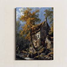 Stone House by a Waterfall Autumn Forest Printable Art for Home Decor Art  Academi