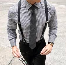 Black And White Check Suit Mens Black And White Textures Check Shirt And Gray Striped Textured Necktie With Black Pants And Su Suspenders Men Fashion Fashion Suits For Men Suspenders Fashion