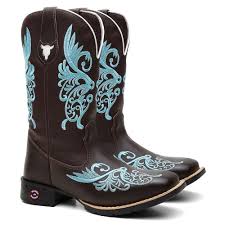 Bota Texana Feminina Asa De Borboleta Azul Em Couro