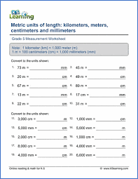Grade 5 Math Worksheets Convert Metric Lengths Mm Cm M Km K5 Learning
