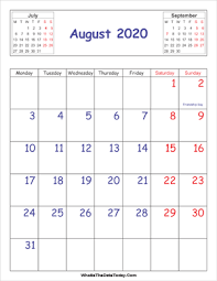 Free monthly 2022 calendar, week starts on sunday, us letter format (vertical/portrait layout), one month calendar on each page (12 pages).available in docx (ms word), pdf and jpg. August 2020 Calendar Templates Whatisthedatetoday Com