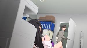 touji (tj studio), nymphomatic city, original, highres, 1boy, 1girl,  aftersex, black hair, bra, breasts, breath, door, formal clothes, indoors,  leaving, legs, long hair, lying, no eyes, off shoulder, office, open  clothes, open