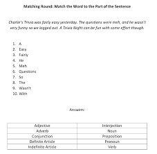 Challenge them to a trivia party! Match The Word To The Part Of The Sentence Trivia