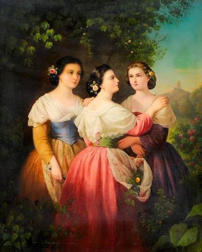 Portrait of three sisters with a castle background painted by Caroline Bardua who painted this in the late 1850s early 60s…she died in 1864 aged 83.