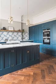 Dark Blue Geometric Kitchen Sustainable Kitchens In 2020 Geometric Kitchen Dark Blue Kitchens Blue Kitchen Walls