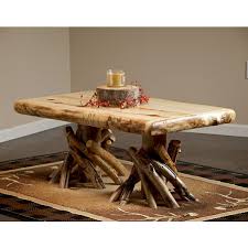 Aspen legs with shelf, white cedar stump, or custom metal base. Rustic Hand Peeled Aspen Log Coffee Table