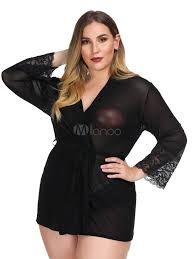 Plus Size Robe Dress Long Sleeve Lace Patch Sheer Lingerie Sleepwear With Underwear