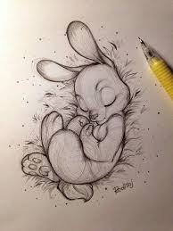Cute Kawaii Drawings Small Rabbit Sleeping Black And White Pencil Sketch On White Background In 2020 Pencil Drawings Of Animals Cool Art Drawings Drawings