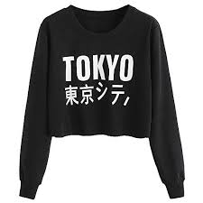 Black And White Sweatshirt Womens Lazzboy Sweatshirt Crop Tops Womens Japanese Tokyo Print Long Sleeve Blouse Uk 8 16 M 10 Black Sweatshirts Women Sweatshirts Pullover Sweatshirts