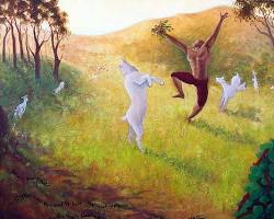 Image of goat herder watching his goats eat coffee beans