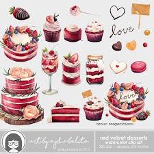 Red Velvet Cake Watercolor Illustration Clipart Set Etsy Cake Illustration Food Illustrations Dessert Illustration