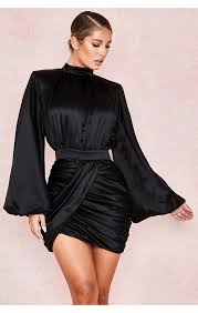 Clothing Bodycon Dresses Khristen Black Satin Blouson Dress Belleza Duraznos En Almibar