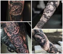 Kompass Tattoo Designs In Schwarz Grau Weisse Rosen In Kombination Mit Uhr Weltkarte Kompass Tattoo Kompass Tattoos Weltkarte Tattoo
