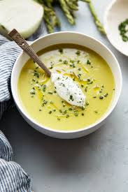 Asparagus Potato Soup With Chive Cream A Beautiful Plate Recipe Cream Of Asparagus Soup Puree Soup Recipes Potato Soup