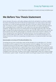 In general, your thesis statement will accomplish these goals if you think of the thesis as the this statement asserts your position, but the terms more attention and food and beverage choices are 4. Me Before You Thesis Statement Essay Example