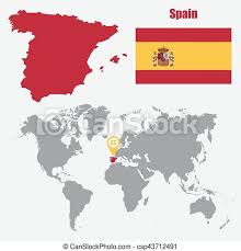 Flag of spain describes about several regimes, republic, monarchy, fascist corporate state, and communist people with country information, codes, time zones, design, and symbolic meaning. Spain Map On A World Map With Flag And Map Pointer Vector Illustration Canstock