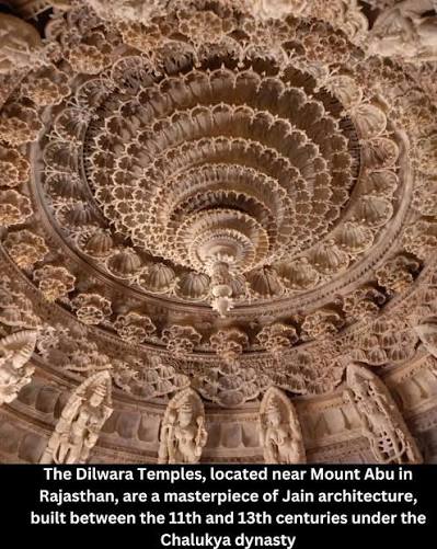 The Dilwara Temples of India are known for their spectacular architecture comparable to that of the Taj Mahal. Built between the 11th-13th century AD they are dedicated to the 5 trithankaras (saints)