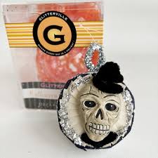 Dept. 56 Glitterville Halloween Skeleton Skull W/ Top Hat Ornament Vintage  Primitive Folk Art Style Chalkware 1990s Retired Day of the Dead