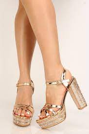 Rose Gold Irisdecent Rhinestone Platform Chunky Heels Heels Chunky Heels Womens Shoes High Heels
