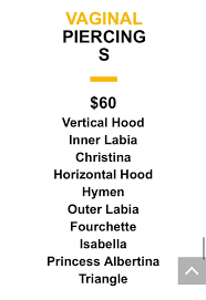 The piercing is done through the inner labia. Vaginal Piercing 60 Vertical Hood Inner Labia Christina Horizontal Hood Hymen Outer Labia Fourchette Isabella Princess Albertina Triangle