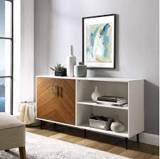 Choose from simple metal stands to traditional cabinets with storage space. 58 Mid Century Modern Bookmatched Doors Asymmetrical Tv Stand Storage Media Console Entertainment Center In Solid White Walker Edison W58bmhpassw
