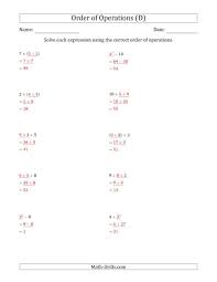 The Order Of Operations With Whole Numbers Two Steps D Math Worksheet Page 2 Order Of Operations Math Worksheet Math Drills