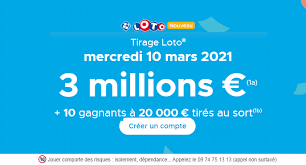 La cagnotte de lundi n'ayant pas été remportée, 3 millions d'euros étaient à tenter de gagner lors du tirage du loto de ce mercredi 11 septembre 2019. Tirage Loto Du Mercredi 10 Mars 2021 3 Millions D En Jeu 10 Gagnants A 20 000