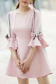 Crew Neck Pink Mini Dress A Line Frill Sleeve 2019 Sweet Cotton Bow Dress Sleeves Designs For Dresses Stylish Dress Designs Dresses