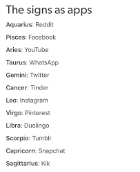 Man, this app does not require any introduction. The Signs As Apps Aquarius Reddit Pisces Facebook Aries Youtube Taurus Whatsapp Gemini Twitter Cancer Tinder Leo Instagram Virgo Pinterest Libra Duolingo Scorpio Tumblr Capricorn Snapchat Sagittarius Kik