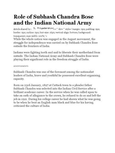 Subhash Chandra Bose's Role in INA | PDF | Indian Independence Movement | Independence Movements