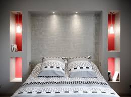 Modern Style Bedroom With In Walls Bed Tables 3d Grey Headboard And Combination Of The Colors Red Chambre Moderne Chambre Parentale Moderne Tete De Lit Placo