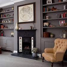 Grey Traditional Living Room With Fireplace And Alcove Shelving Ideal Home Living Room Grey Alcove Ideas Living Room Living Room Shelves