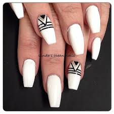 Black Acrylic Nails Coffin Shape Designs Tried This One Black And White Geometric Designed Coffin Shaped Nails Coffin Shape Nails White Nail Designs Nail Designs