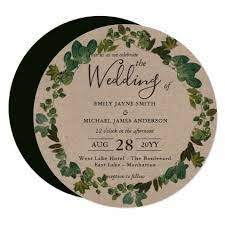 Rustic Kraft Round Wedding Invitation Green Wreath Classy Gifts Custom Diy Personalize Green Wedding Invitations Green Wreath Wedding Wedding Invitations