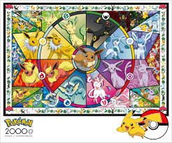 Evolutions · eevee #133 · vaporeon #134 · jolteon #135 · flareon #136 · espeon #196 · umbreon #197 · leafeon #470 · glaceon #471. Pokemon Eevee Evolutions 2000 Piece Jigsaw Puzzle Buffalo Games