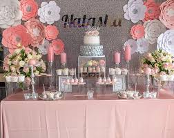 Birthday Table Decoration Ideas With Flowers Pink And Silver Candy Buffet With Paper Flower Wall 17th Birthday Party Ideas Pink Birthday Decorations Flower Birthday Party 17th Birthday Party Ideas