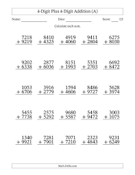 4 digit plus 4 digit addition with some regrouping 25 questions a
