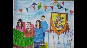 In this video let's learn how to draw picture of goddess saraswati in water colour.enjoy the video.give like and subcribe the. Saraswati Puja Celebration Drawing For Beginners How To Draw Saraswati Puja At School Youtube