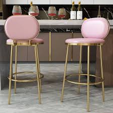 Modern Counter Height Bar Stool With Back Pink Beige Faux Leather Upholstery Round Counter Stool In Gold Finish In 2020 Bar Stools With Backs Bar Stools Stools With Backs
